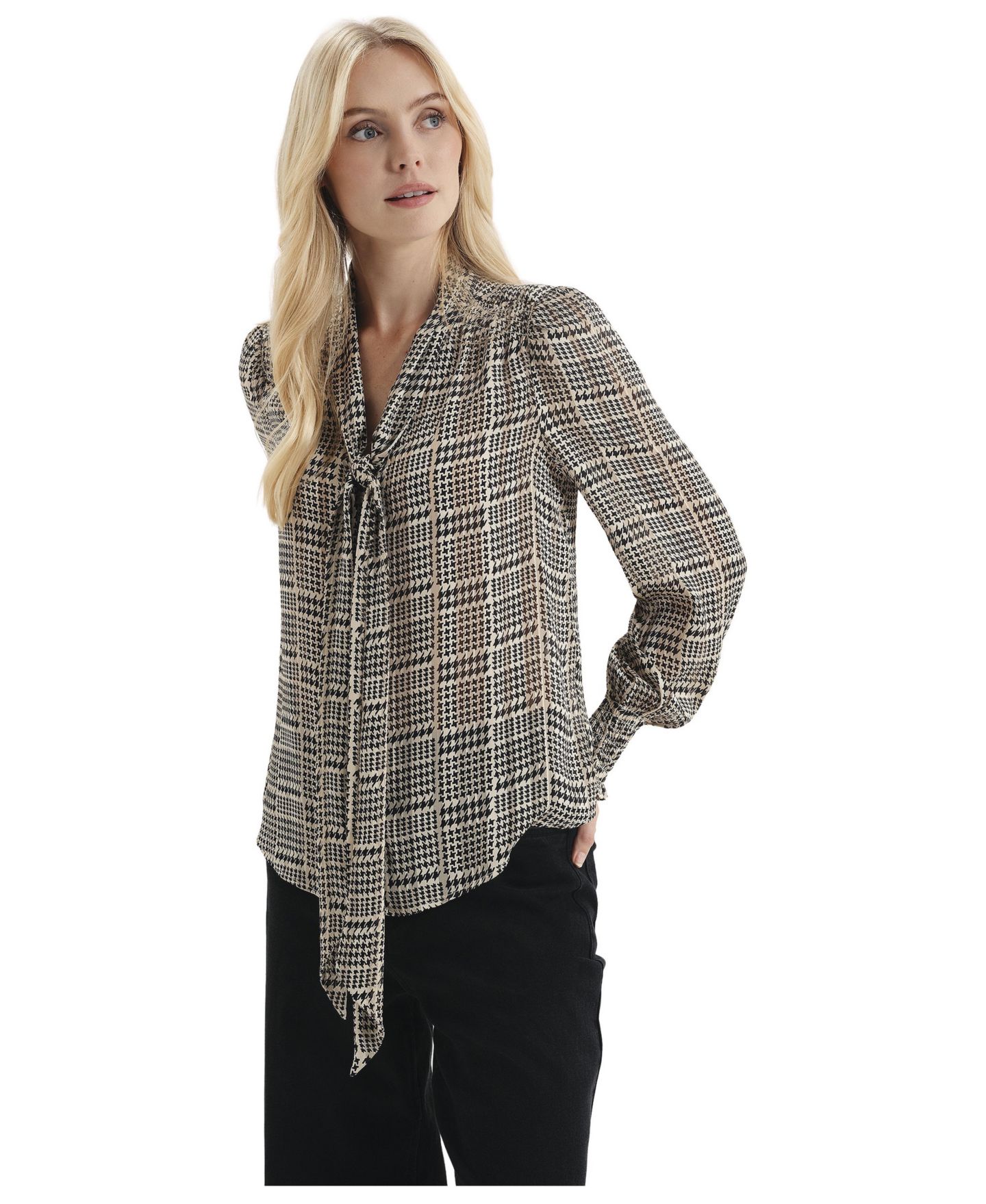 Женская блузка Finery London Mavis Chiffon Long Sleeve Tie Neck, цвет: Бежевая гусиная лапка — фото 2