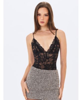 Women's Venetia Black Lace Plunging Bodysuit