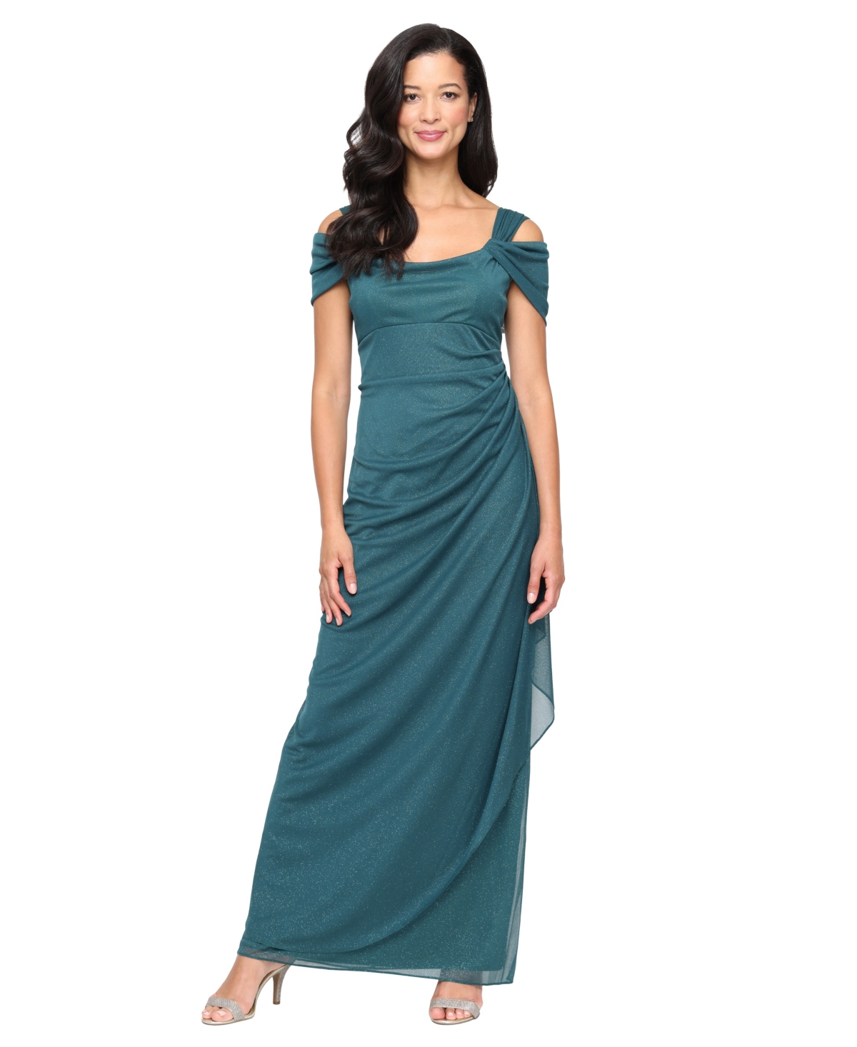 Alex Evenings Women's Cold-Shoulder Draped Metallic Gown