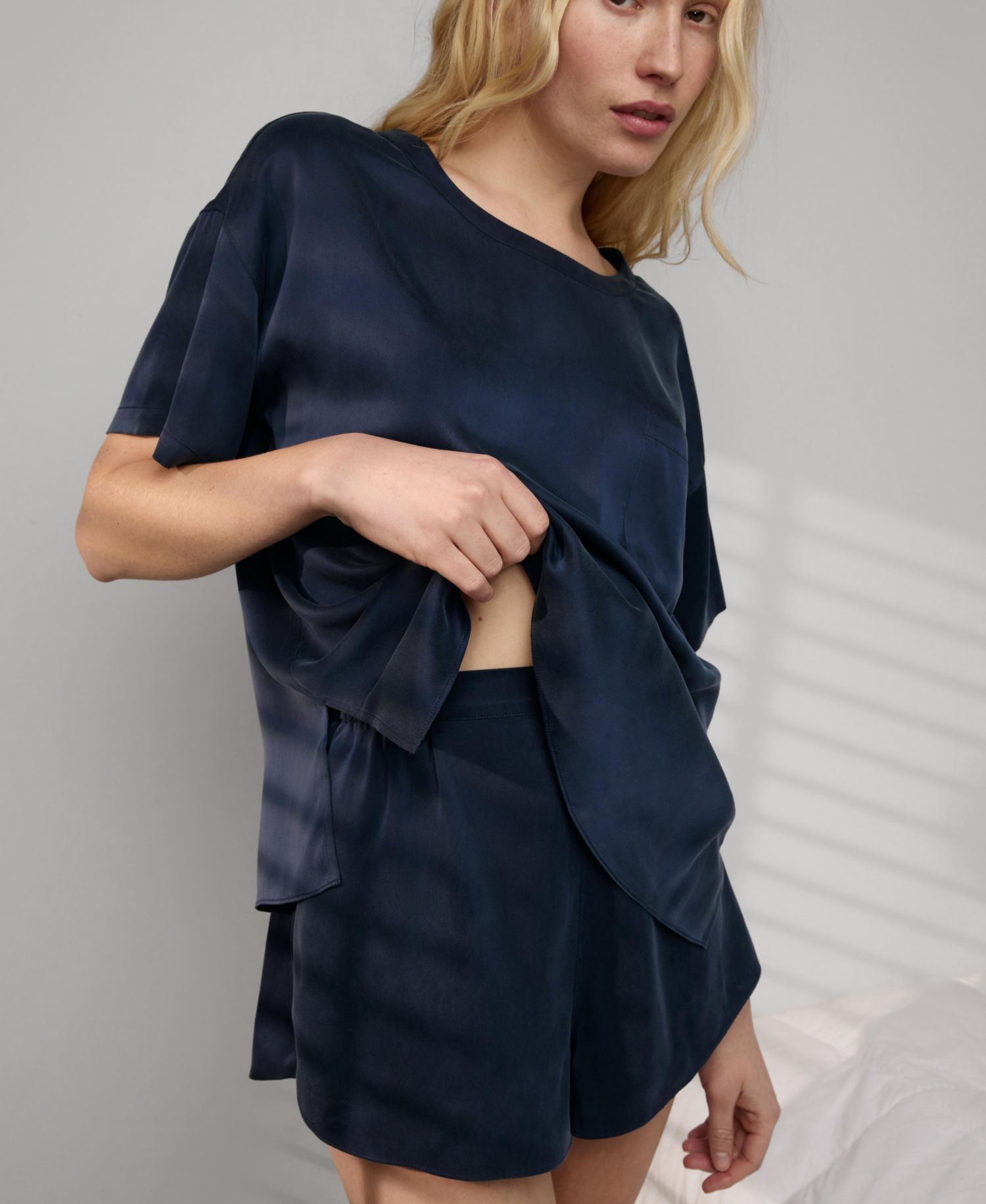 Women's Washable Silk Short-Sleeve Oversized Tee and Shorts, 2-Piece Set