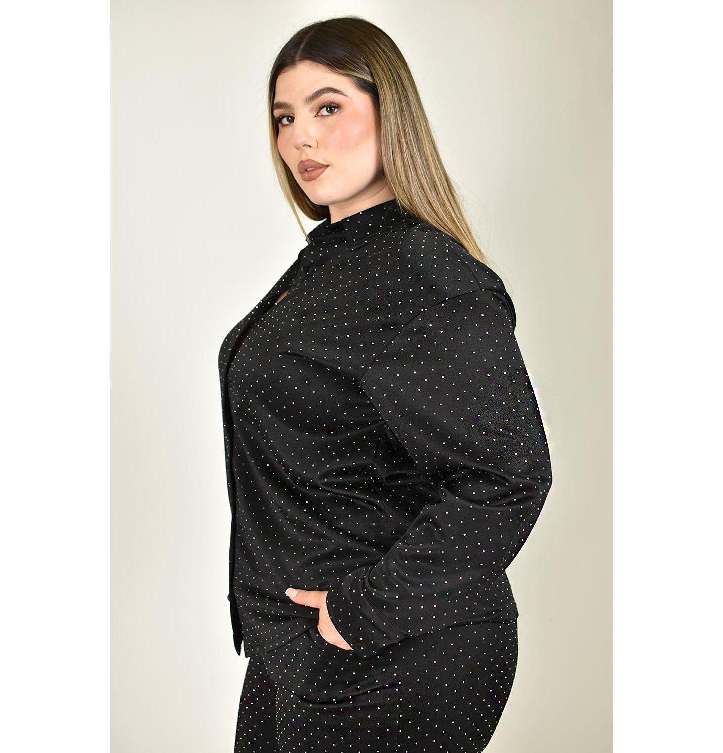 Женский комплект Roman Fashion Plus Size Polka-Dot Glitter Elastic-Waist Shirt and Wide-Leg Pants, 2-Piece Set, цвет: Чёрный — фото 4