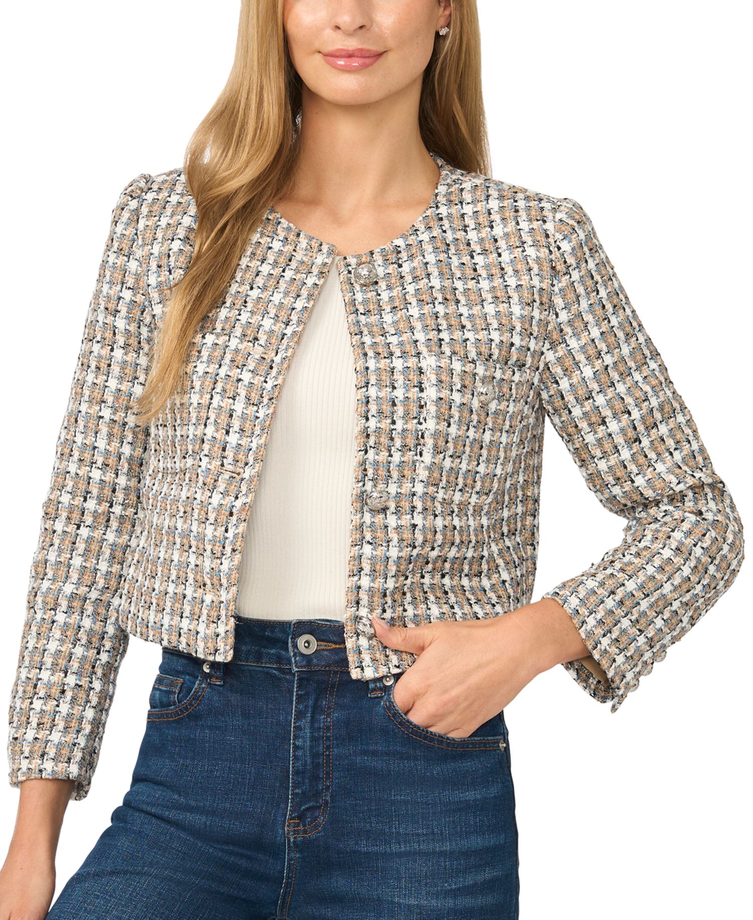Women's Cropped Tweed Collarless Jacket