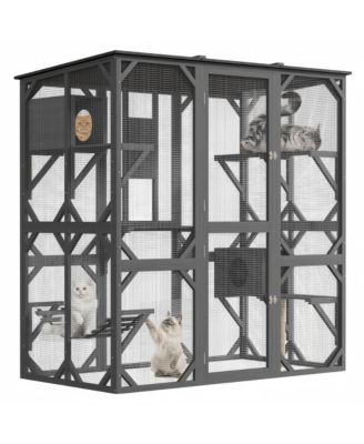 Extra Large Wooden Catio with Waterproof Roof, Napping House, Platform, Hammock and Sisal Post, 68.1 x 69.7 x 36.4 inch