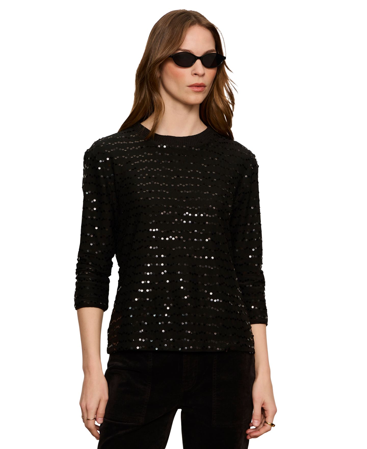 Женская футболка Sanctuary Mode Sequin-Embellished 3/4-Sleeve, цвет: Чёрный — фото 1