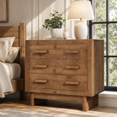 Rustic Solid Wood Nightstand with 3-Drawer, Farmhouse End Table for Bedroom