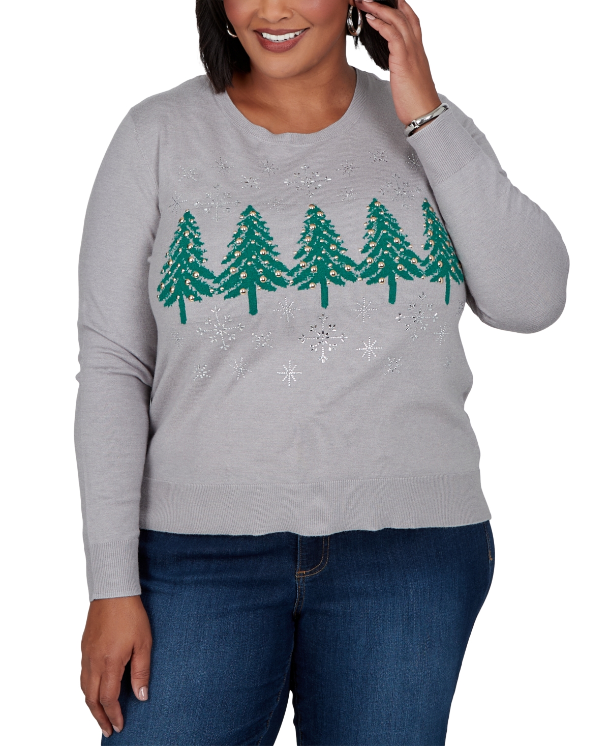 Ruby Rd. Plus Size Holiday Embellished-Tree Pullover Sweater - Heather Grey
