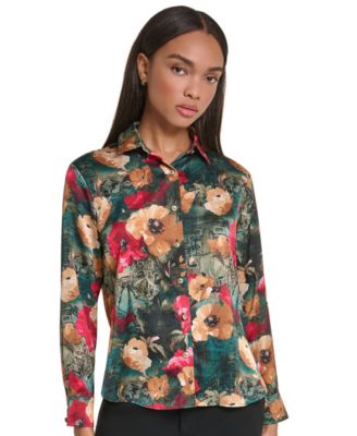 Petite Satin Floral Long-Sleeve Blouse