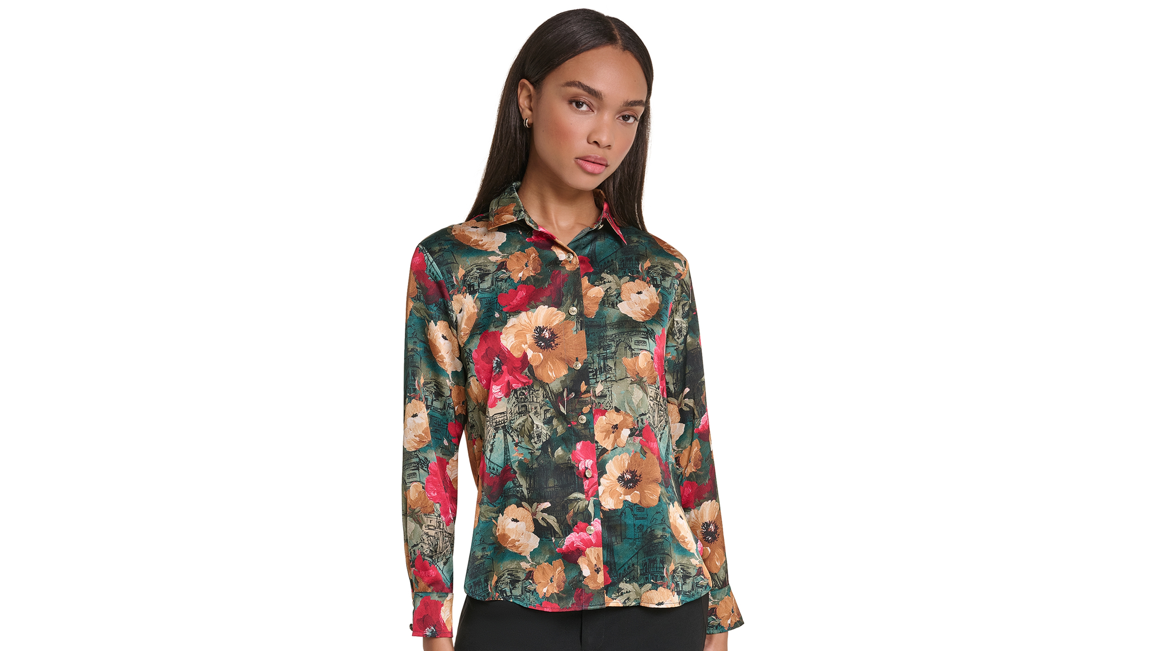 Karl Lagerfeld Paris Petite Satin Floral Long-Sleeve Blouse