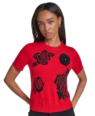 Petite All Over Rose Floral Crewneck Short-Sleeve Sweater