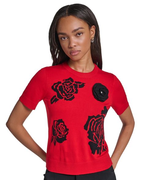 Женский свитер KARL LAGERFELD PARIS Petite All Over Rose Floral Crewneck Short-Sleeve Sweater, цвет: Красный / Чёрный