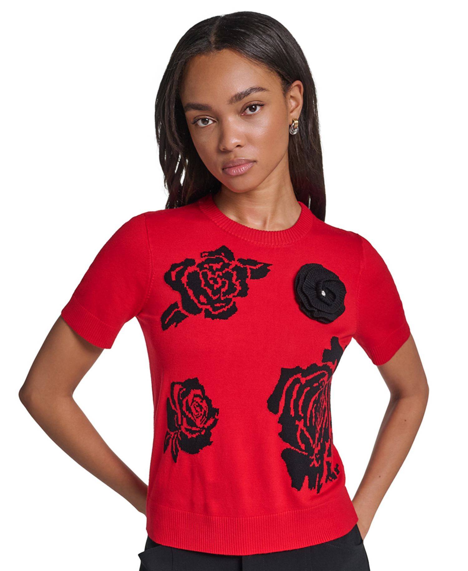 Petite All Over Rose Floral Crewneck Short-Sleeve Sweater