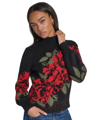 Petite Rose Floral-Print Mock Neck Sweater