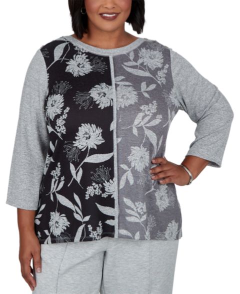 Женская блузка Alfred Dunner Plus Size Boat-Neck 3/4-Sleeve, цвет: Серый / Чёрный