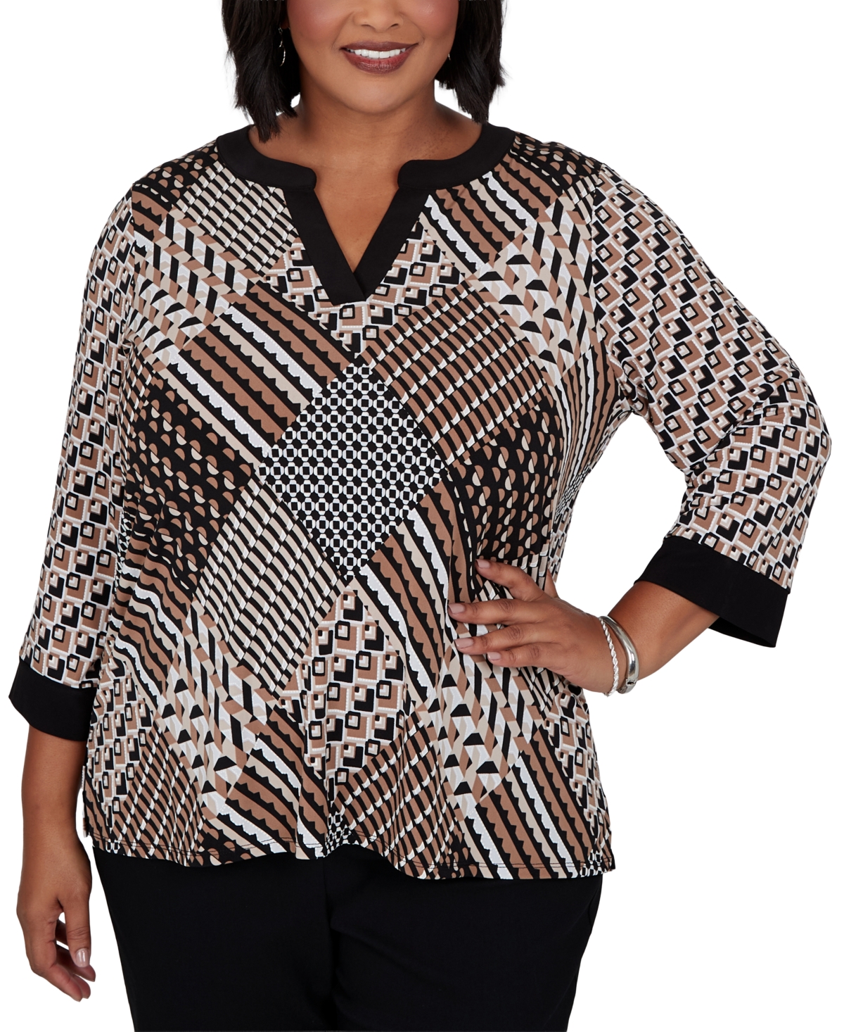 Alfred Dunner Plus Size Geometric-Print 3/4-Sleeve Blouse - Tan Multi