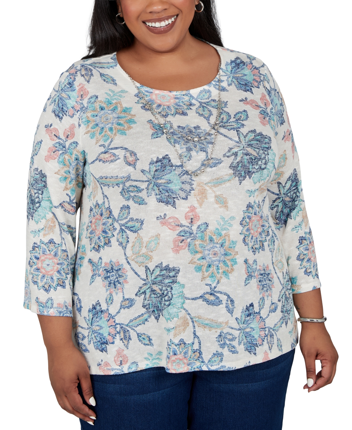 Alfred Dunner Plus Size Floral-Print 3/4-Sleeve Crewneck Blouse - Blue Multi