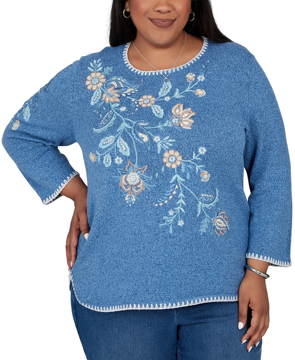 Alfred Dunner Plus Size Embroidered 3/4-Sleeve Crewneck Pullover Sweater - Denim