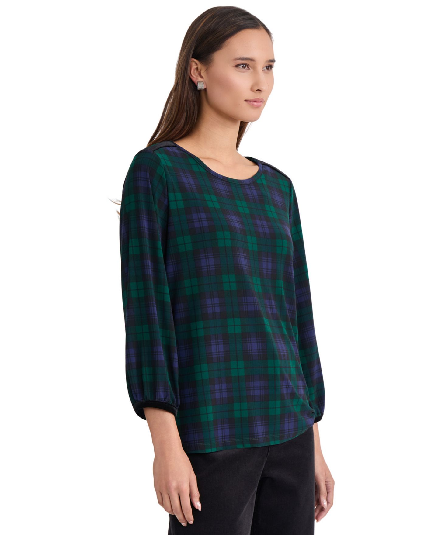 Женская блузка Jones New York Plaid 3/4-Sleeve Velvet, цвет: Тёмно-зелёный разноцветный — фото 2