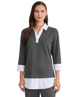 Women's V-Neck 3/4-Sleeve Poplin-Trim Pullover Top