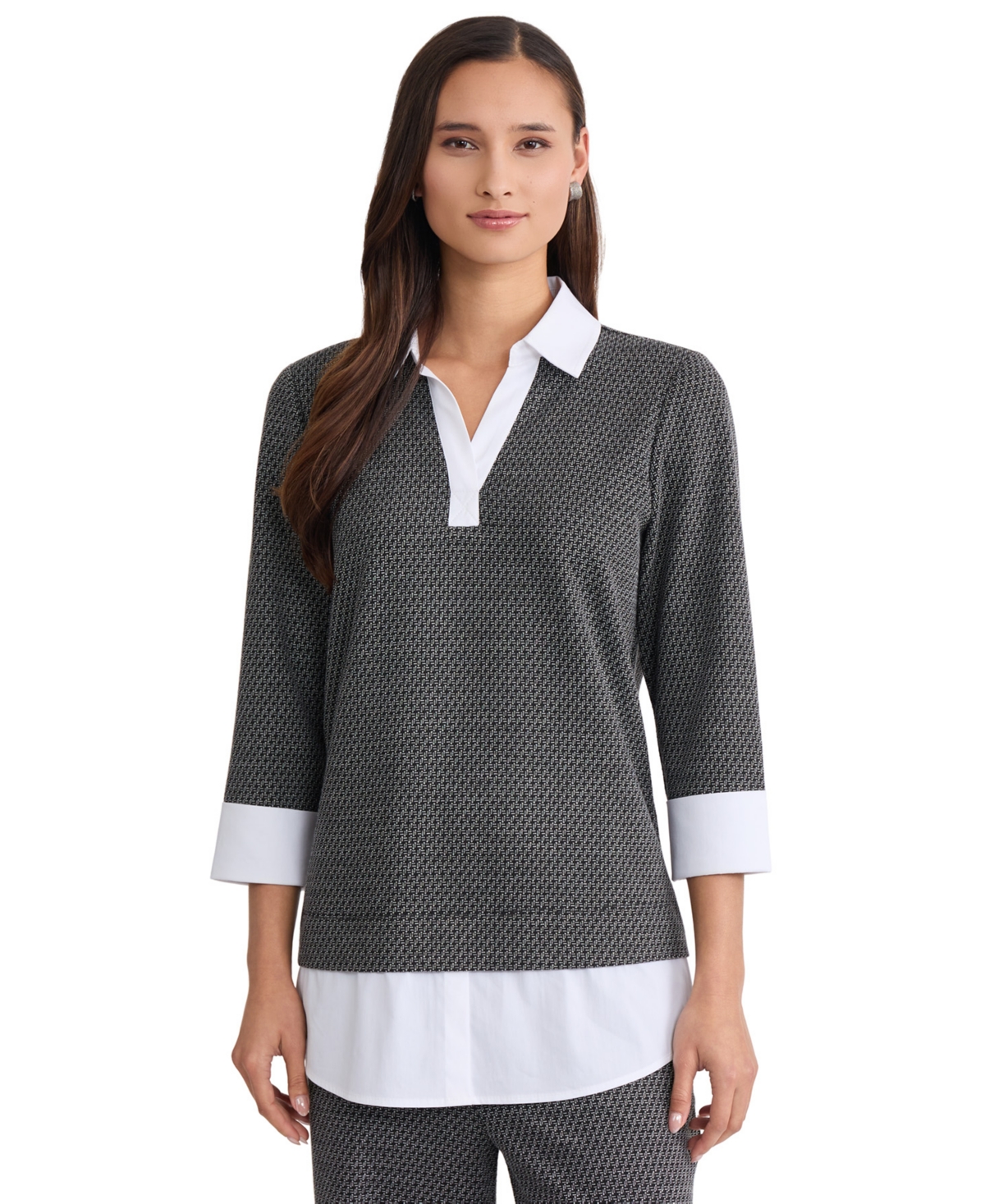 Jones New York Women's V-Neck 3/4-Sleeve Poplin-Trim Pullover Top