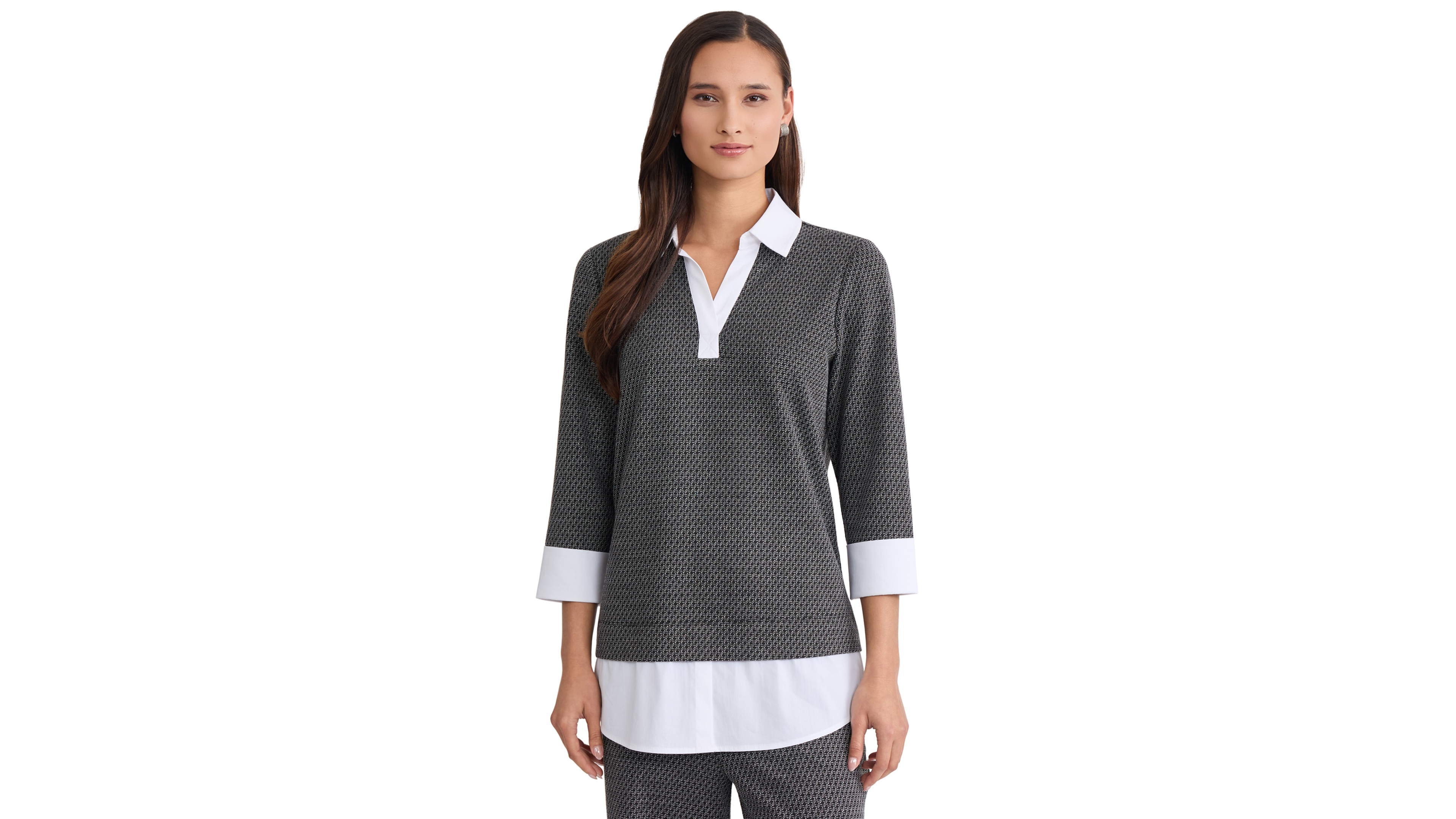 Jones New York Women's V-Neck 3/4-Sleeve Poplin-Trim Pullover Top