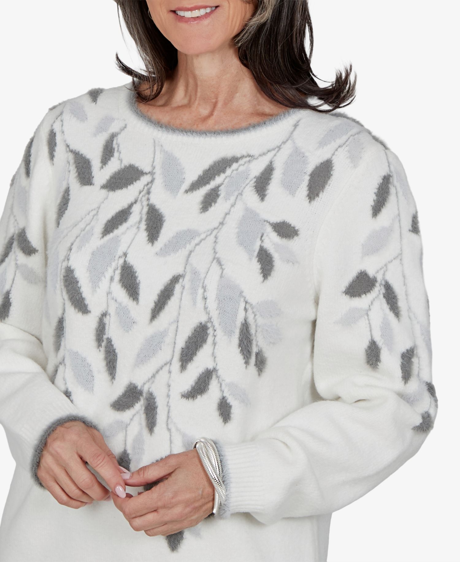 Petite Floral-Print Crewneck Long-Sleeve Sweater