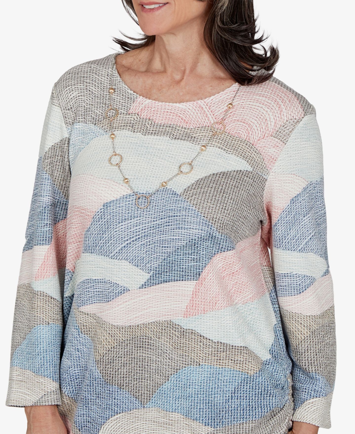 Женская блузка Alfred Dunner Petite Crewneck 3/4-Sleeve Ruched, цвет: Синий разноцветный — фото 4
