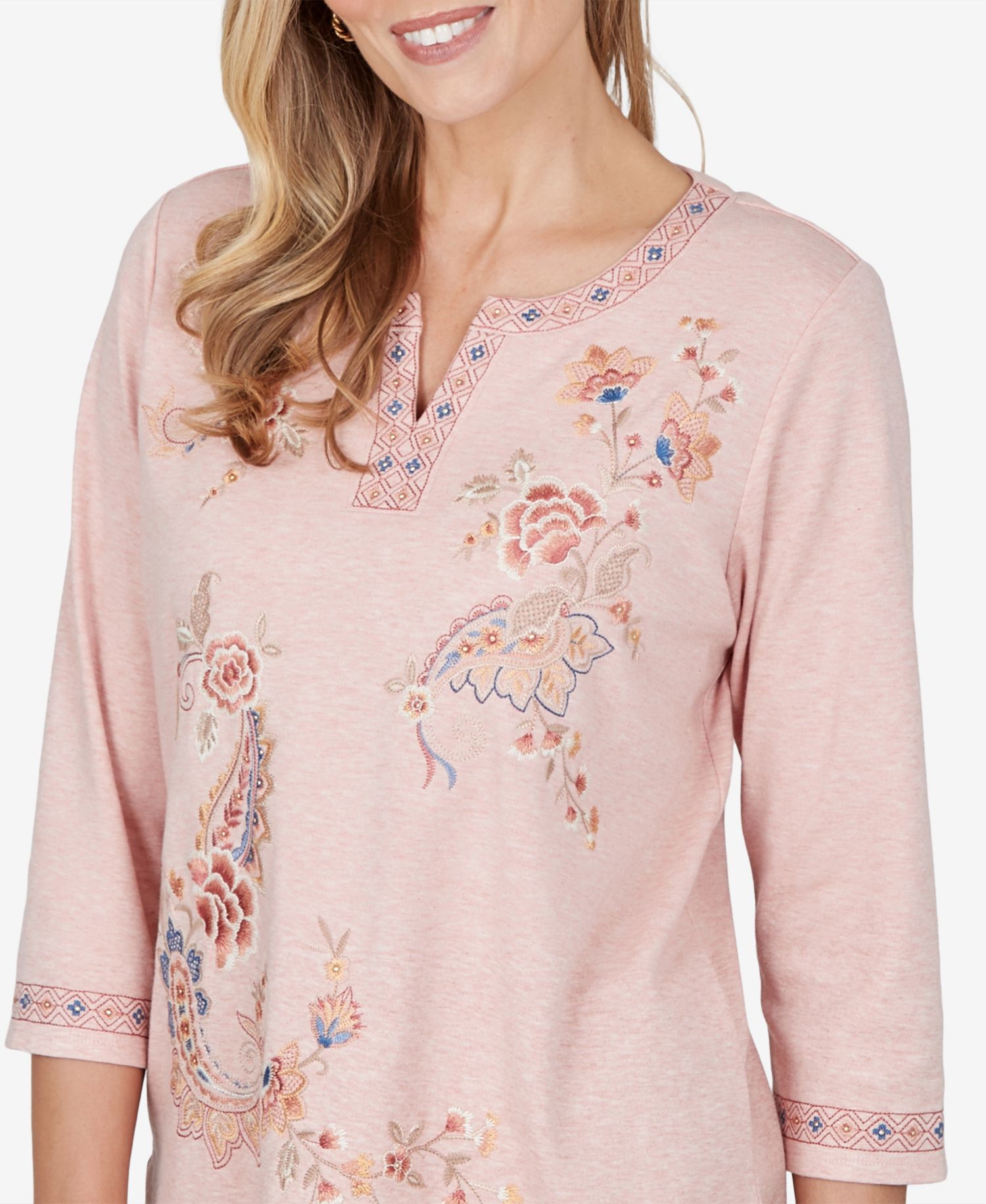 Petite 3/4-Sleeve Floral-Embroidered Henley Blouse