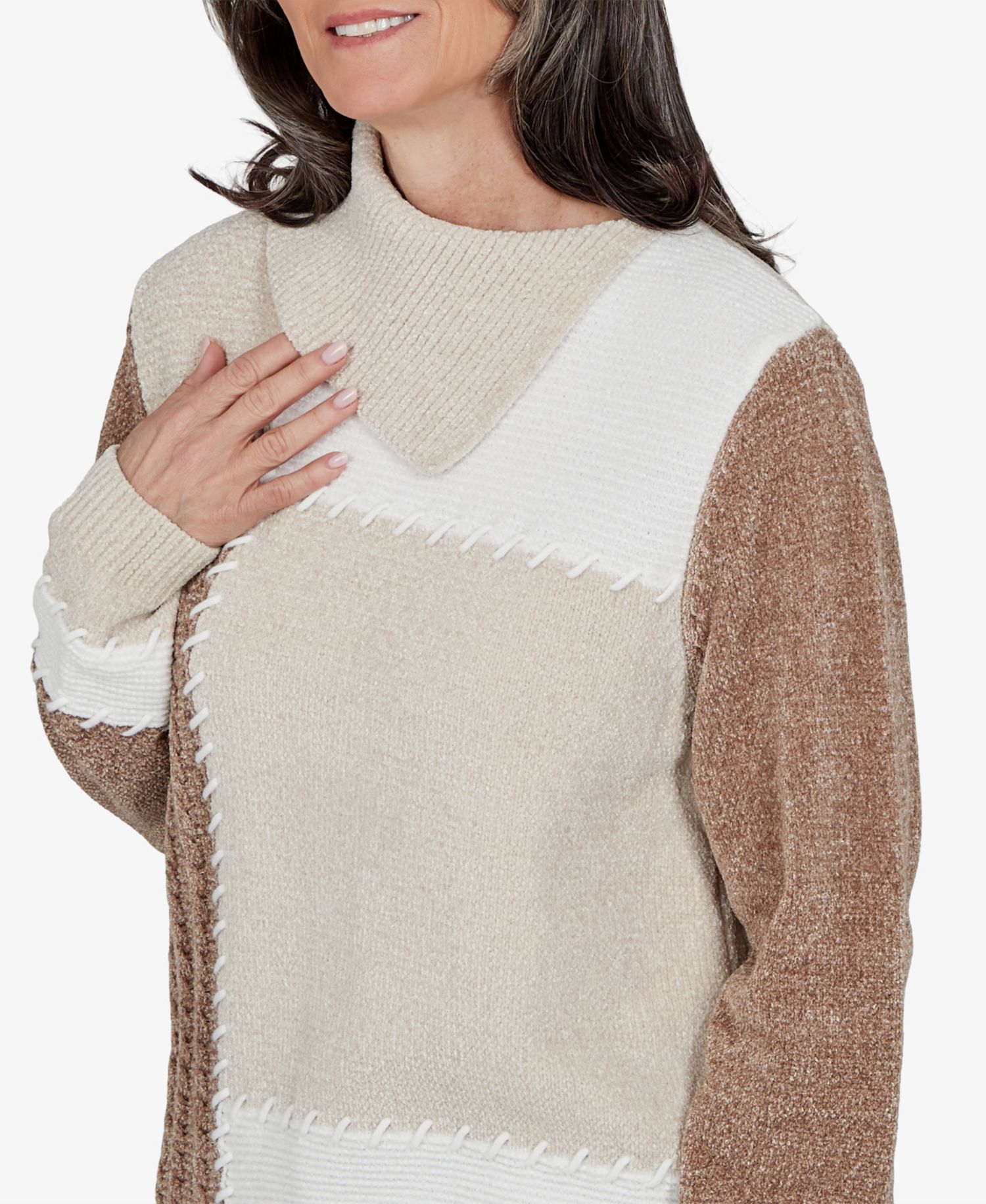 Petite Cowl Neck Cable-Knit Colorblock Pullover Sweater