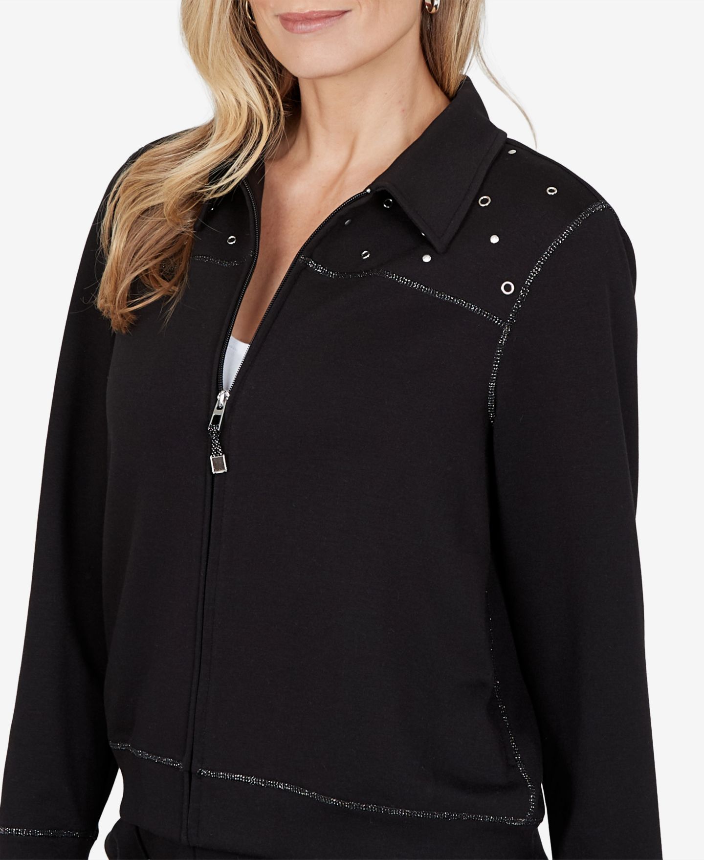 Женская куртка Alfred Dunner Petite Collared Long-Sleeve Zipper, цвет: Оникс — фото 4