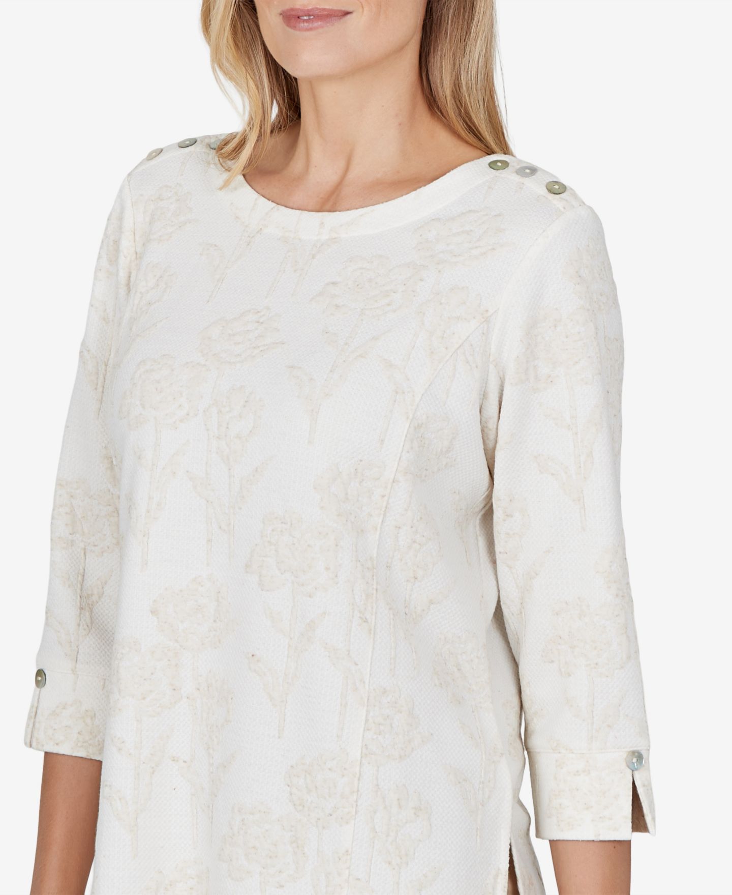 Женская блузка Alfred Dunner Petite Boat-Neck 3/4-Sleeve Floral-Print, цвет: Слоновая кость — фото 4