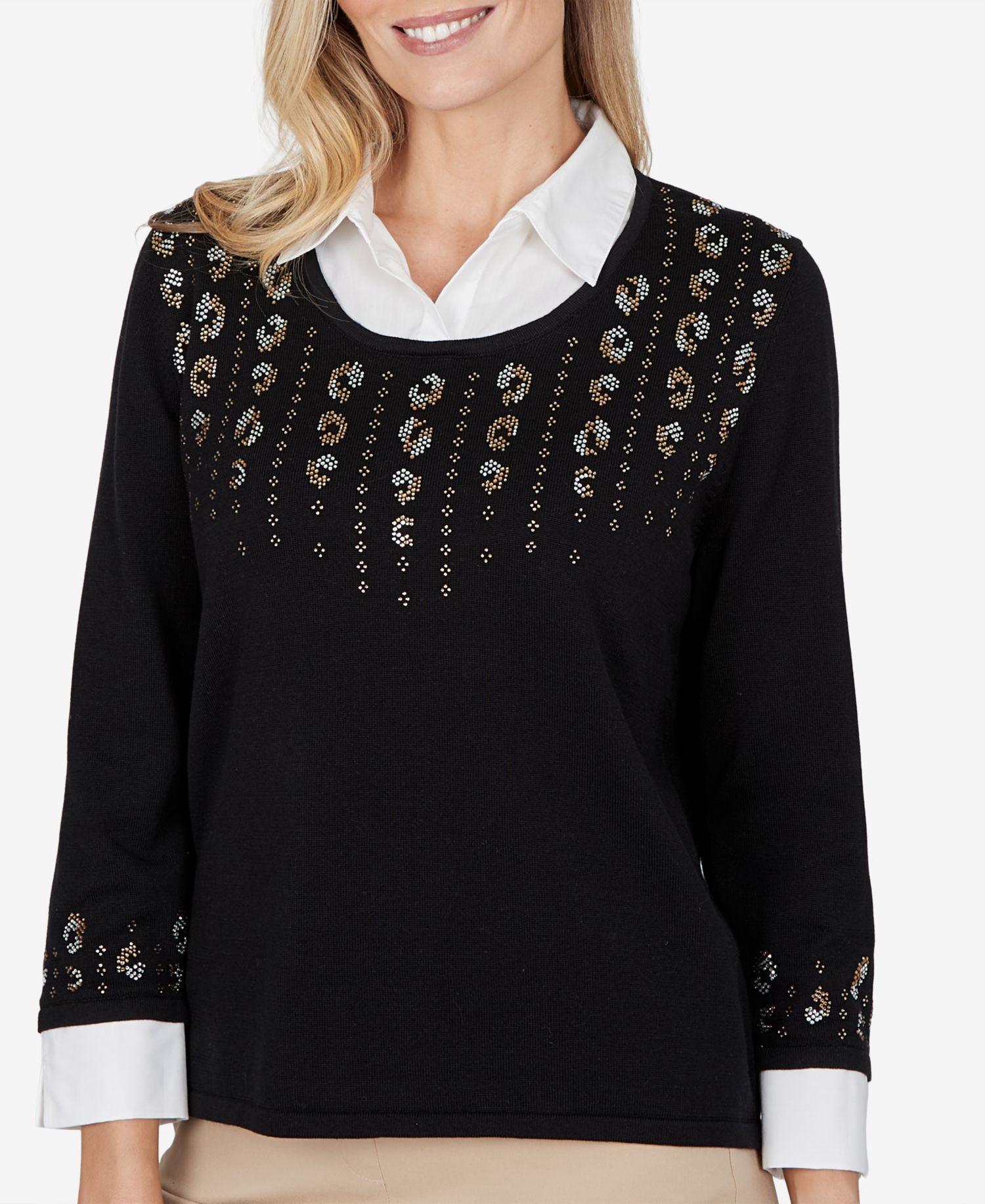 Petite Crewneck 3/4-Sleeve Cotton-Blend Sweater