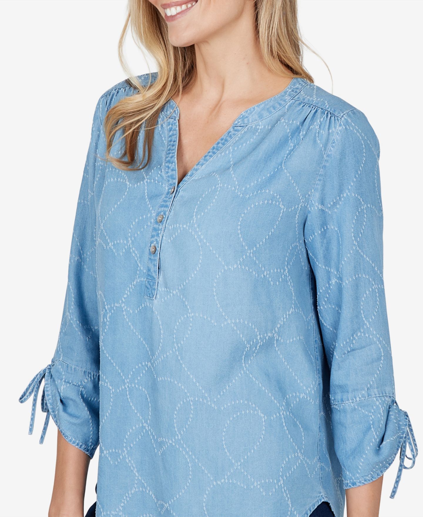 Женская блузка Alfred Dunner Petite 3/4-Sleeve V-Neck Heart-Print, цвет: Синий — фото 4