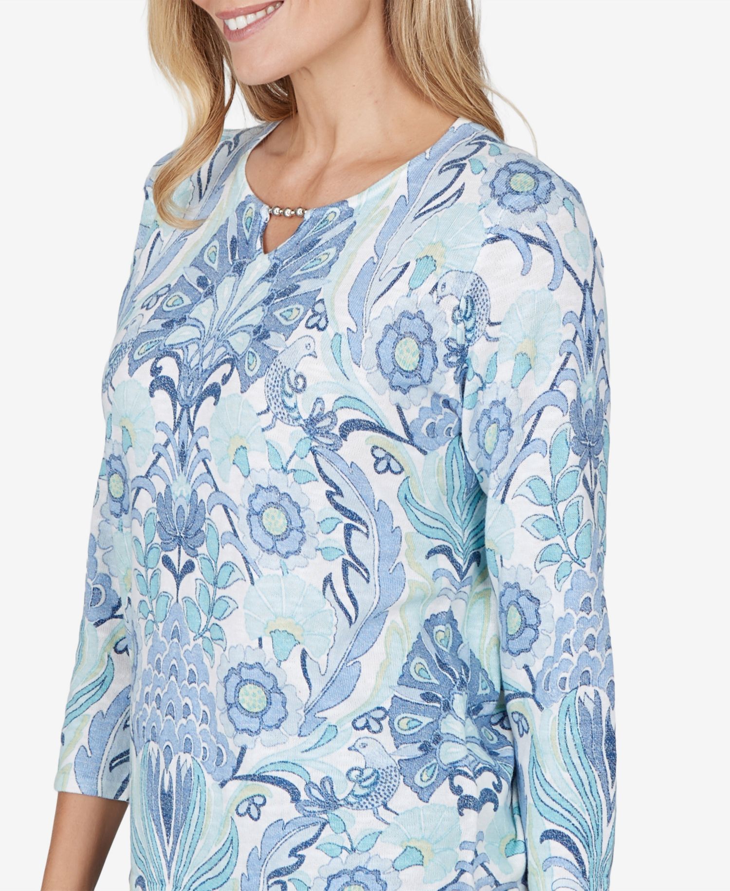 Petite 3/4-Sleeve Floral Pullover Sweater
