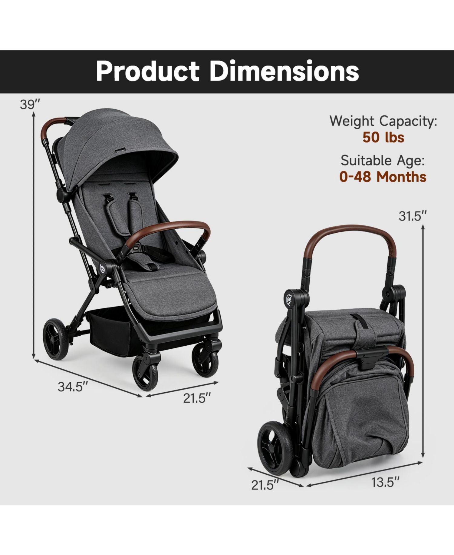 Lightweight Baby Stroller w/One-Hand Folding Adjustable Canopy Backrest Footrest