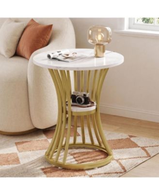 Gold Side Table, 2-Tier Round End Table for Living Room | Modern Accent Table with White Faux Marble Tabletop, Metal Frame