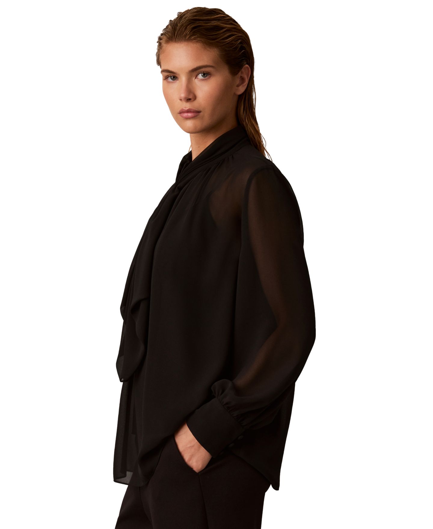 Женская блузка Calvin Klein Long-Sleeve Ruffle Neck Chiffon, цвет: Чёрный — фото 3