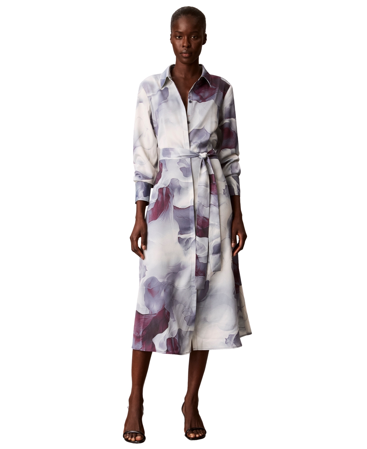 Calvin Klein Women's Long Sleeve Midi Satin Shirt Dress - Nightshade Multi
