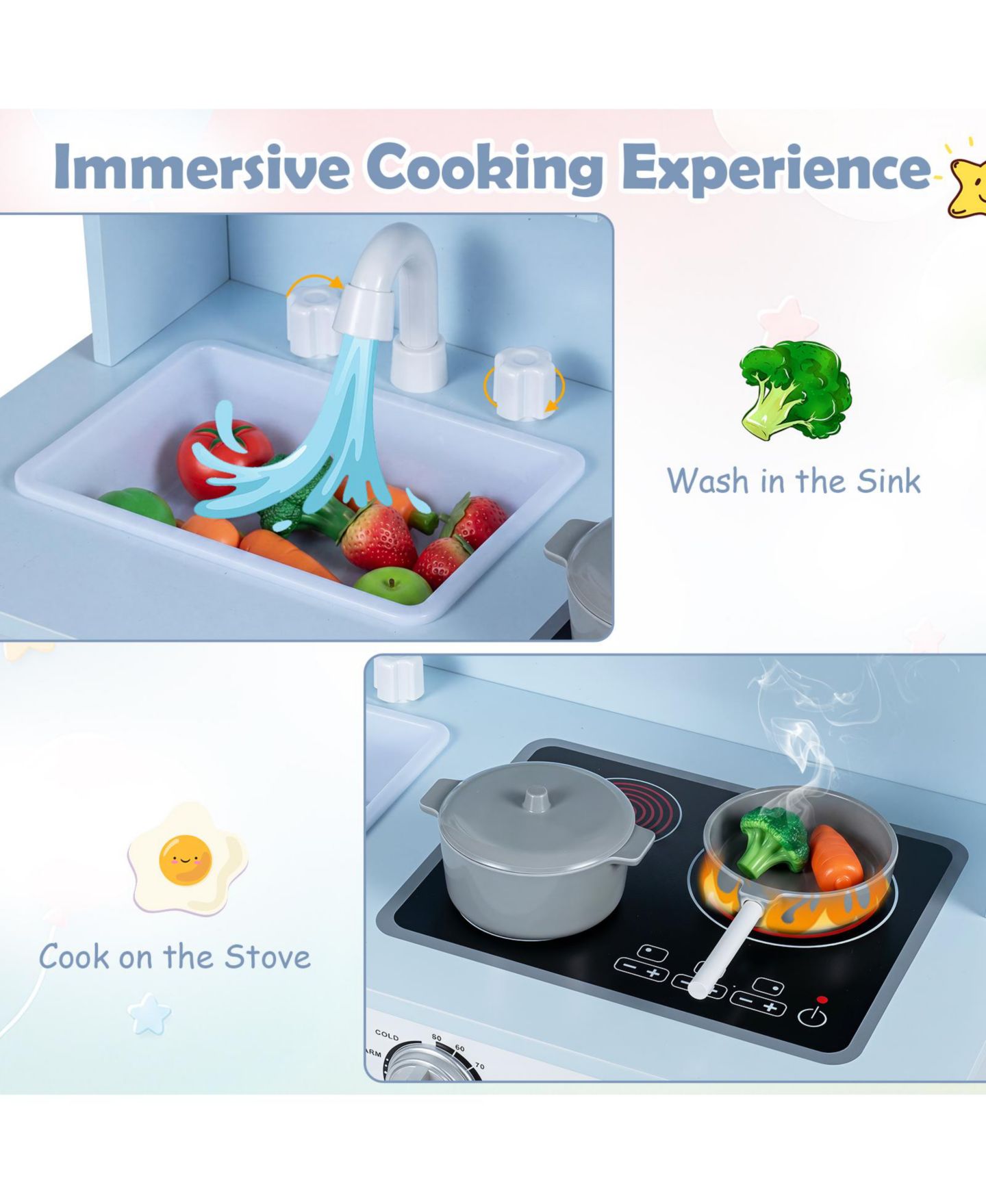 Детские игрушки Costway Light-Up Range Hood Wooden Play Kitchen, 9-Piece, Ages 3+, цвет: Синий — фото 8