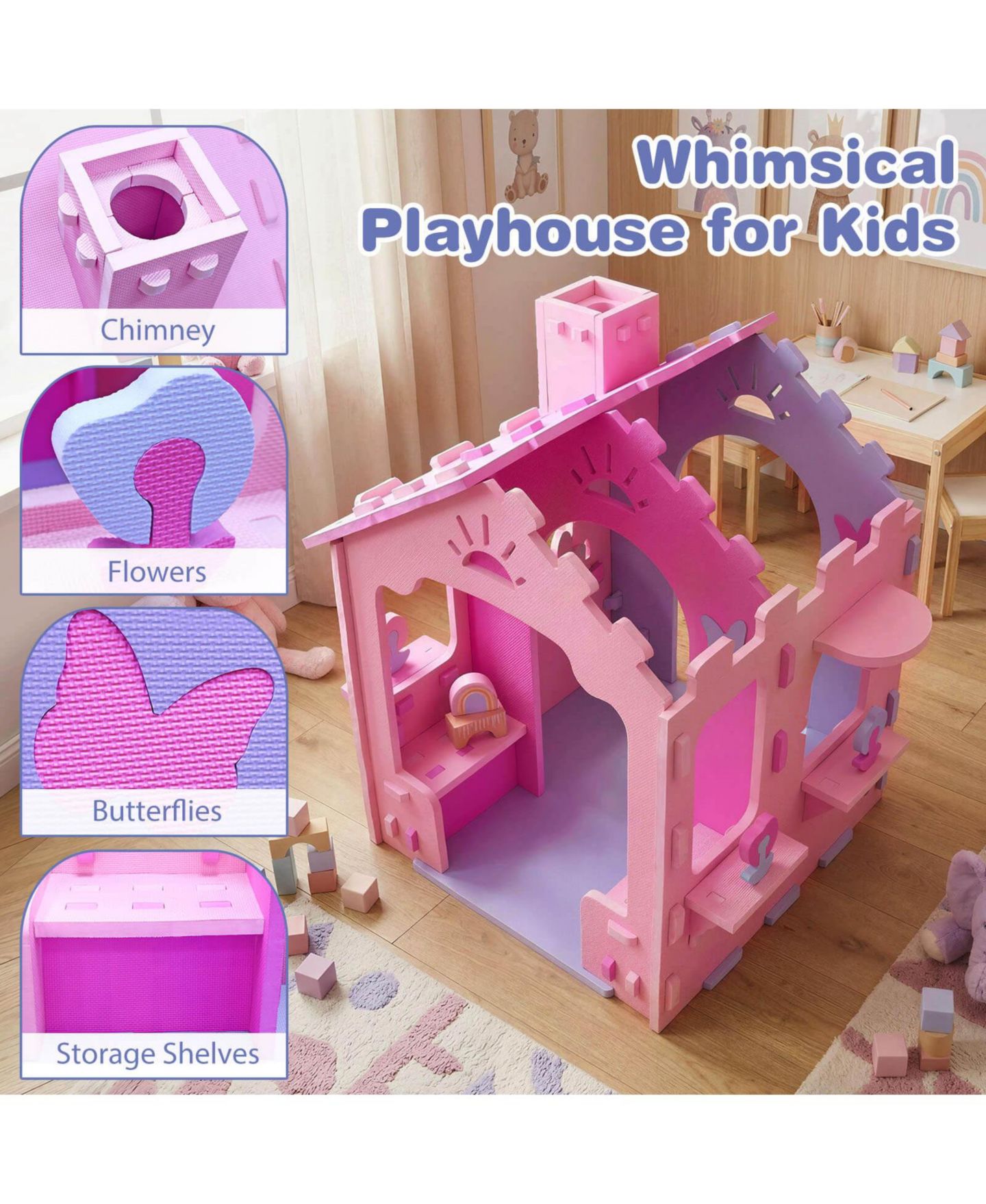 Детская игрушка Costway EVA Foam Cottage-Style Playhouse with Peek-A-Boo Windows, от 3 лет, цвет: Розовый — фото 7