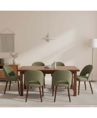 Set of 6 Upholstered Dining Chairs, Linen Fabric, Solid Wood Legs, Curved Back, Padded Seat for Kitchen Dining Room