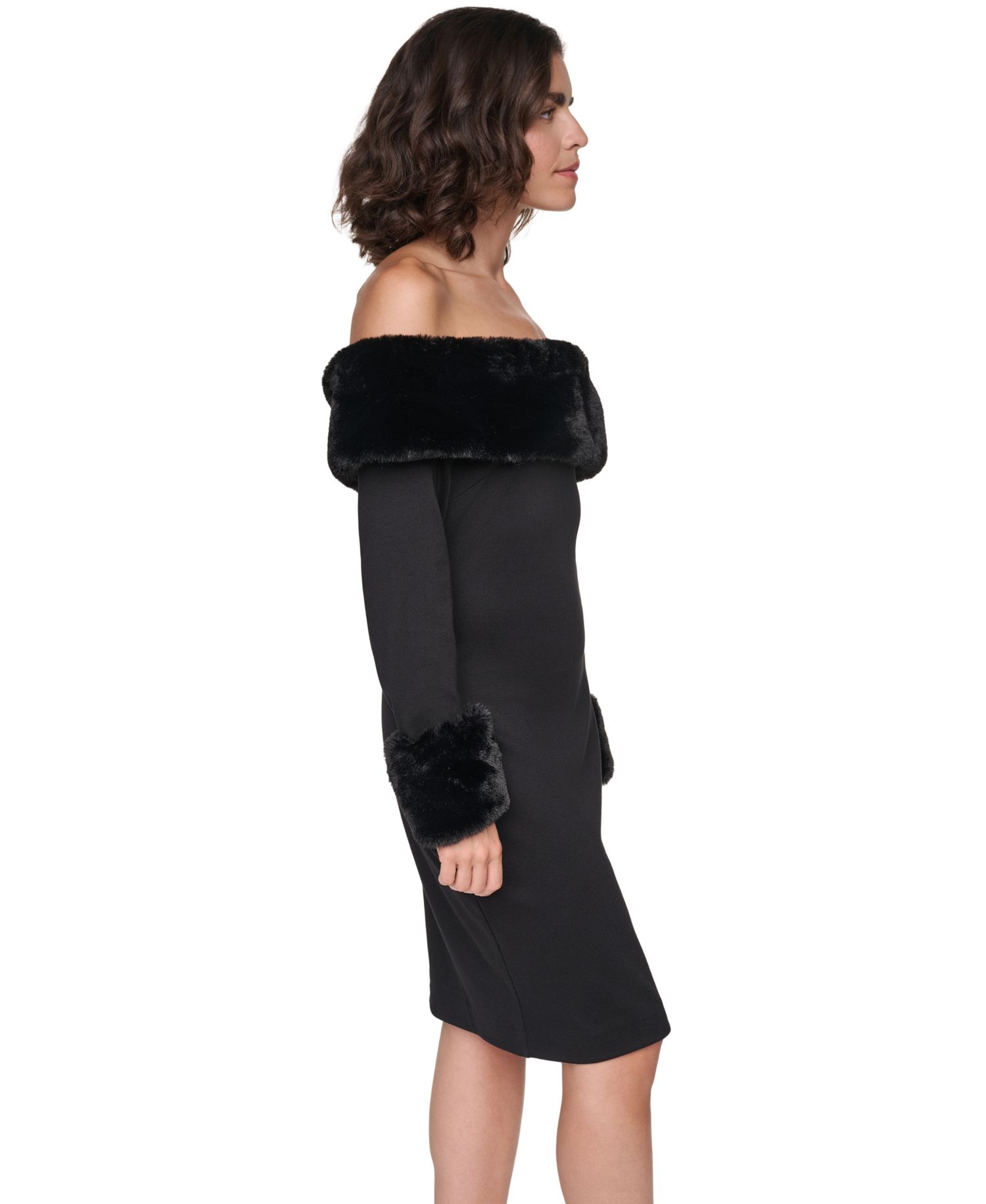 Women's Off-the-Shoulder Faux Fur-Trim Long-Sleeve Dress