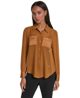 Women's Long-Sleeve Chiffon Blouse with Quilted Pockets