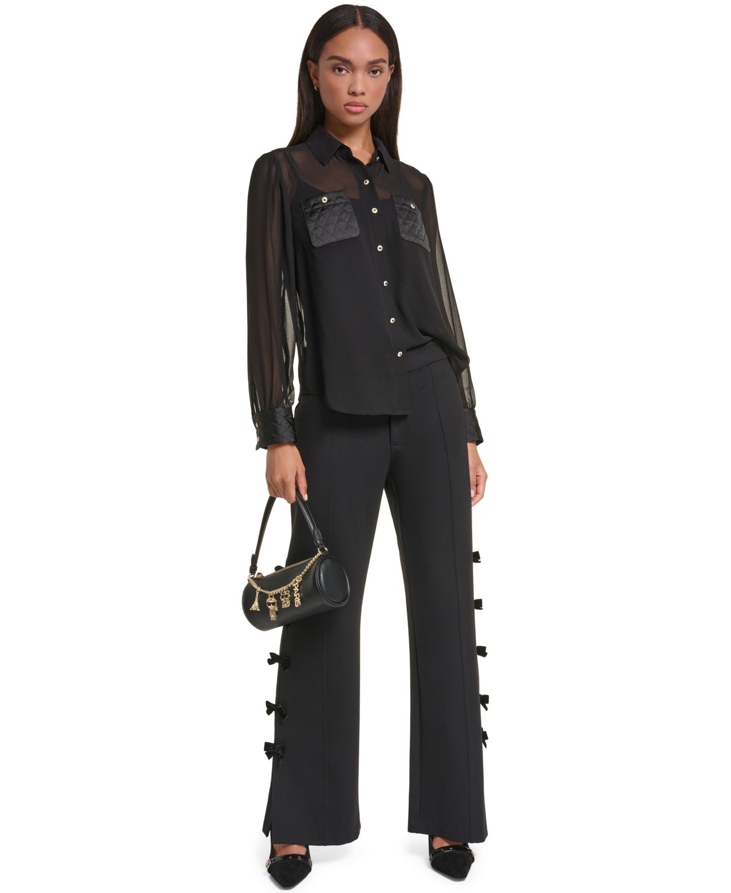 Женская блузка KARL LAGERFELD PARIS Long-Sleeve Chiffon with Quilted Pockets, цвет: Чёрный — фото 6