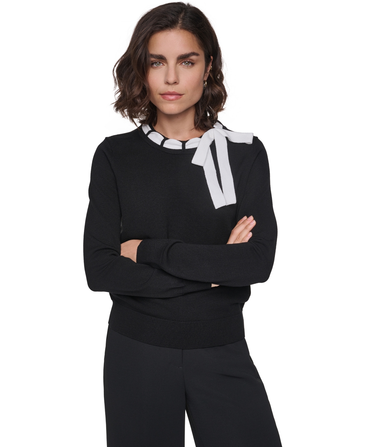 Karl Lagerfeld Paris Women's Bow Front Crewneck Fitted Sweater