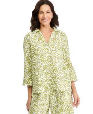 Women's Printed Cotton Gauze 3/4-Sleeve Popover Blouse