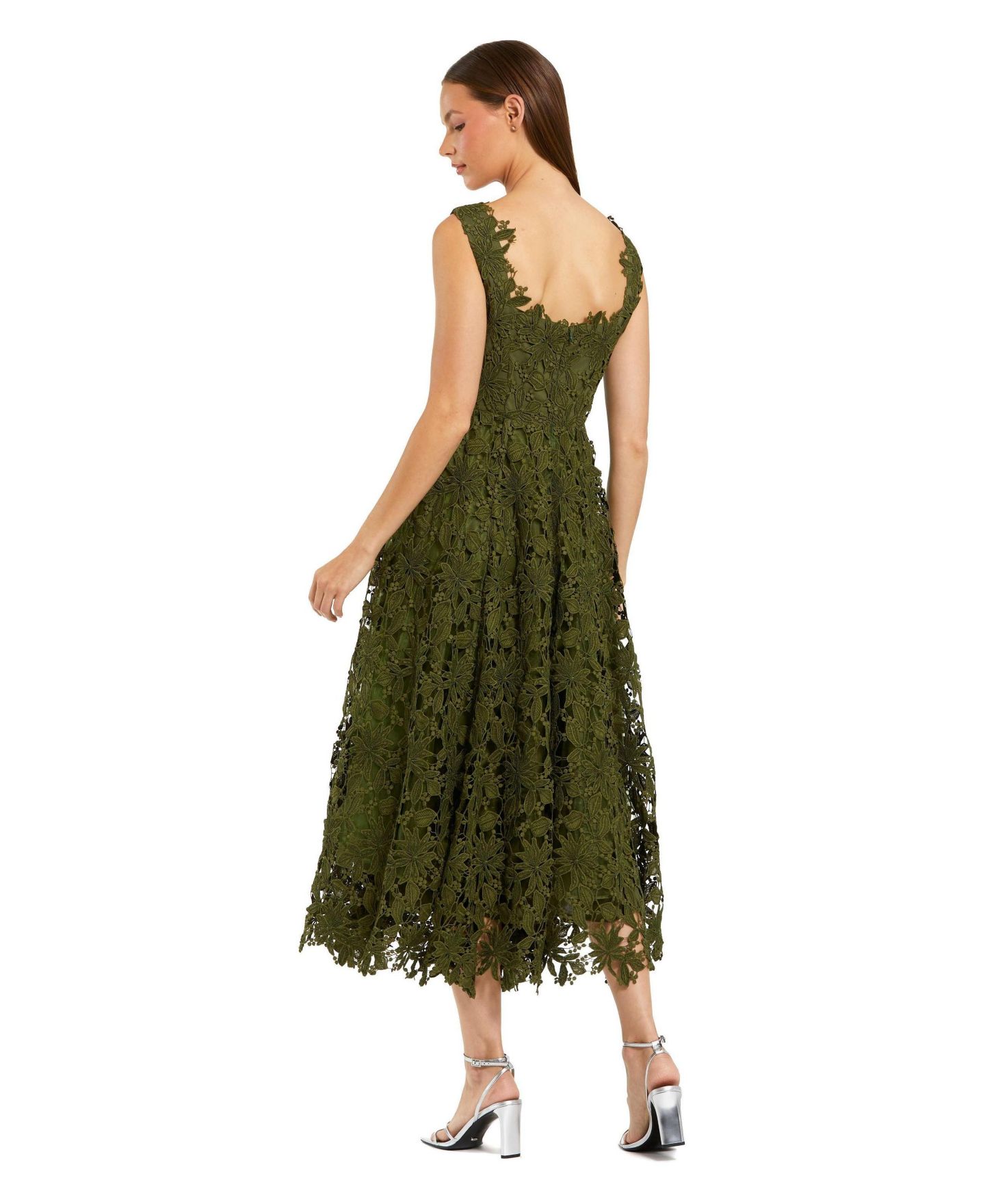 Женское платье Mac Duggal Sleeveless Embroidered Lace A Line Midi, цвет: Армейский зелёный — фото 7