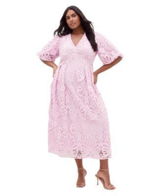 Plus Size Kylee V-Neck Balloon-Sleeve Embroidered-Lace Midi Dress