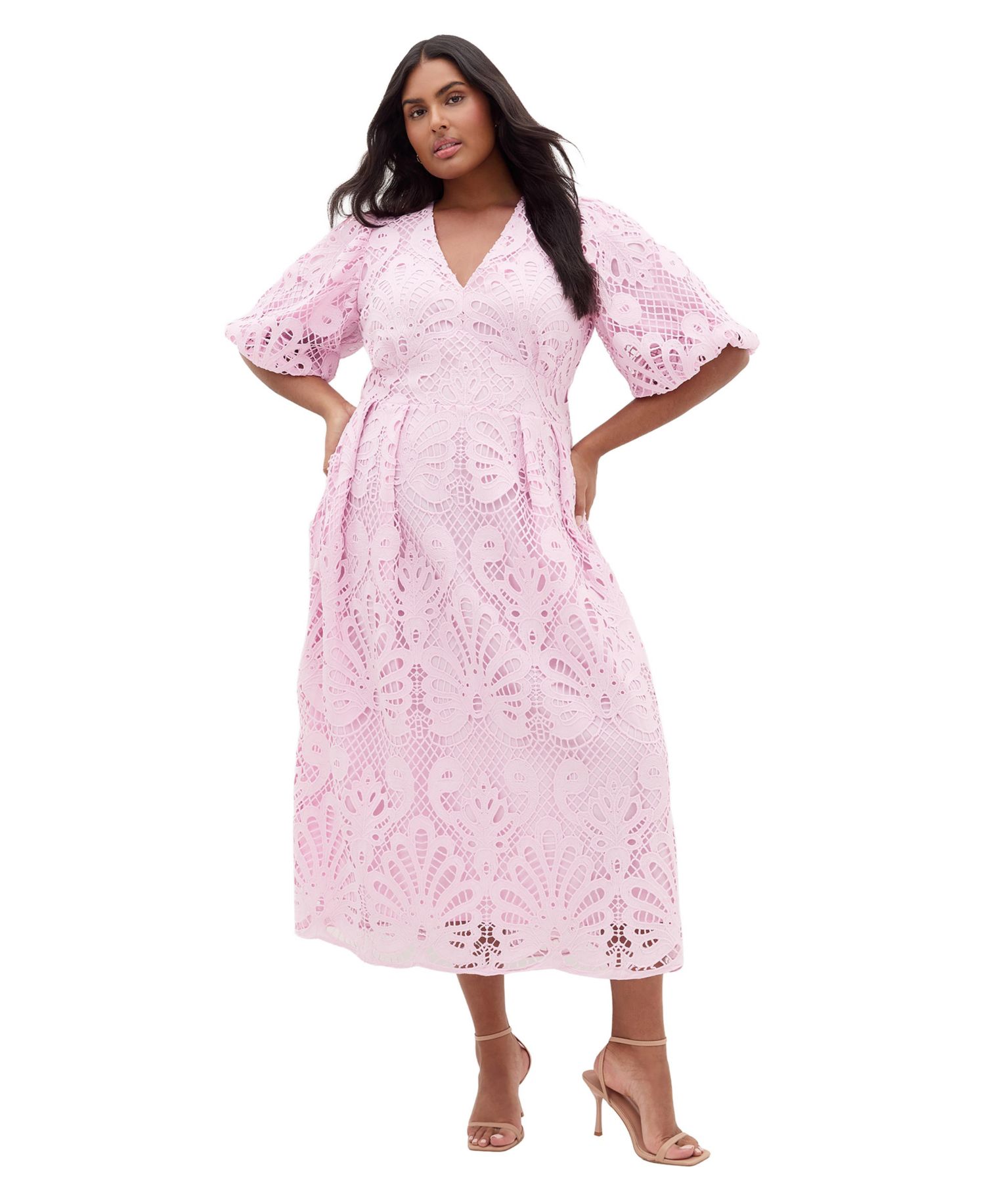 Plus Size Kylee V-Neck Balloon-Sleeve Embroidered-Lace Midi Dress