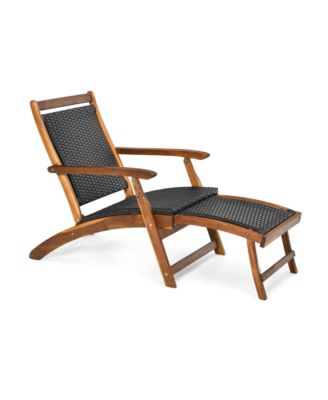 Patio Rattan Folding Lounge Chair Acacia Wood Frame with Retractable Footrest