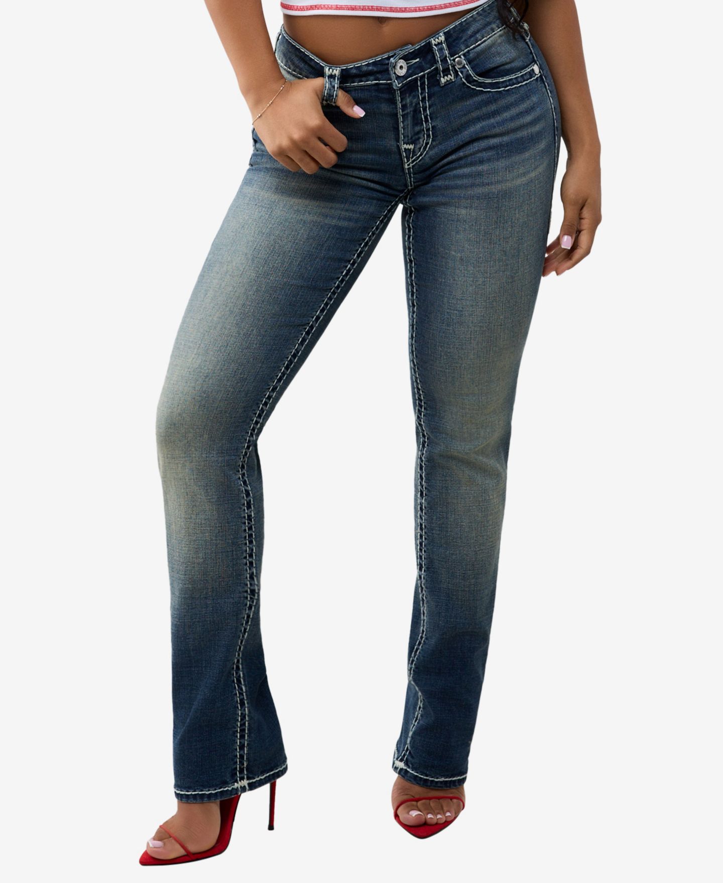 Женские прямые стрейчевые джинсы True Religion Billie, средняя варка, цвет: Синий — фото 2
